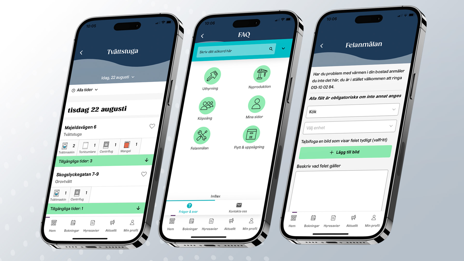Boendeapp Tre mobiltelefoner som visar boendeappen