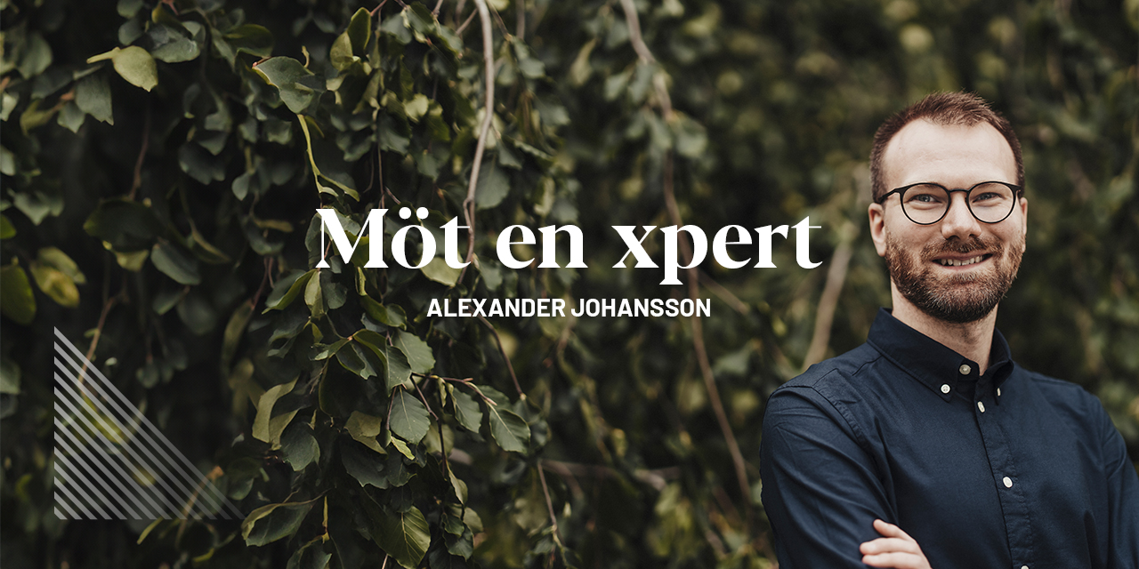 Porträtt på vår xpert Alexander Johansson som står vid en buske.